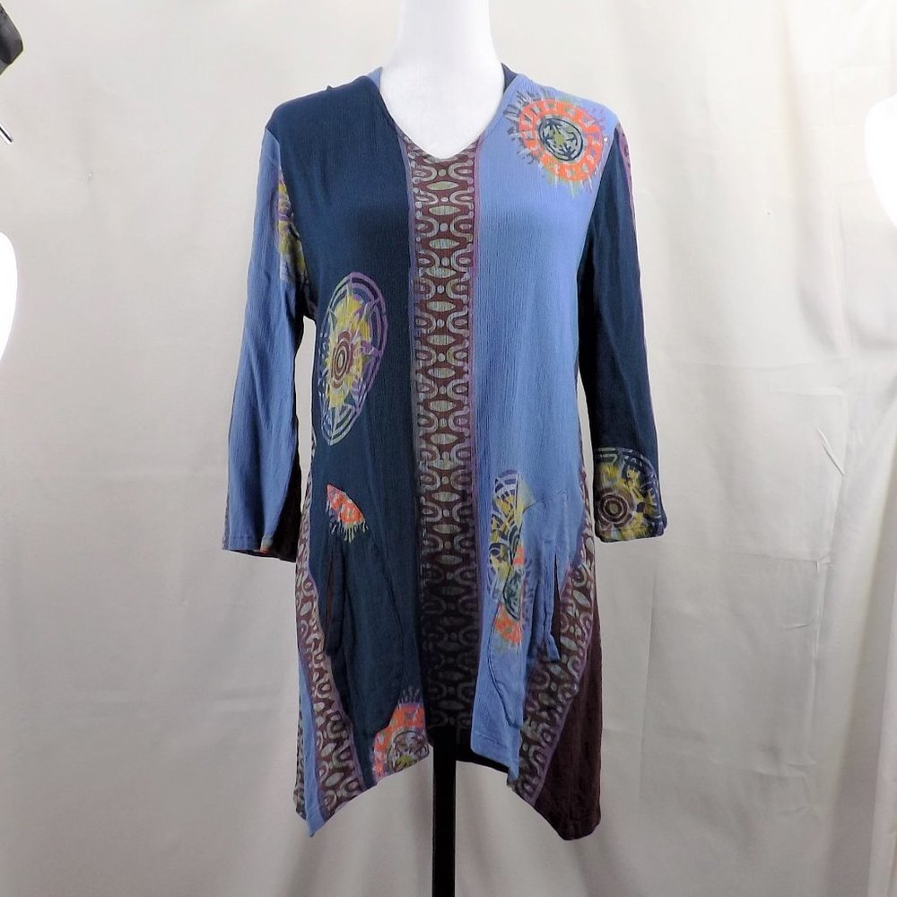 NWOT The Pyramid Collection Rayon 2 Tone Blue Boho Hoodie Tunic Top Dress L